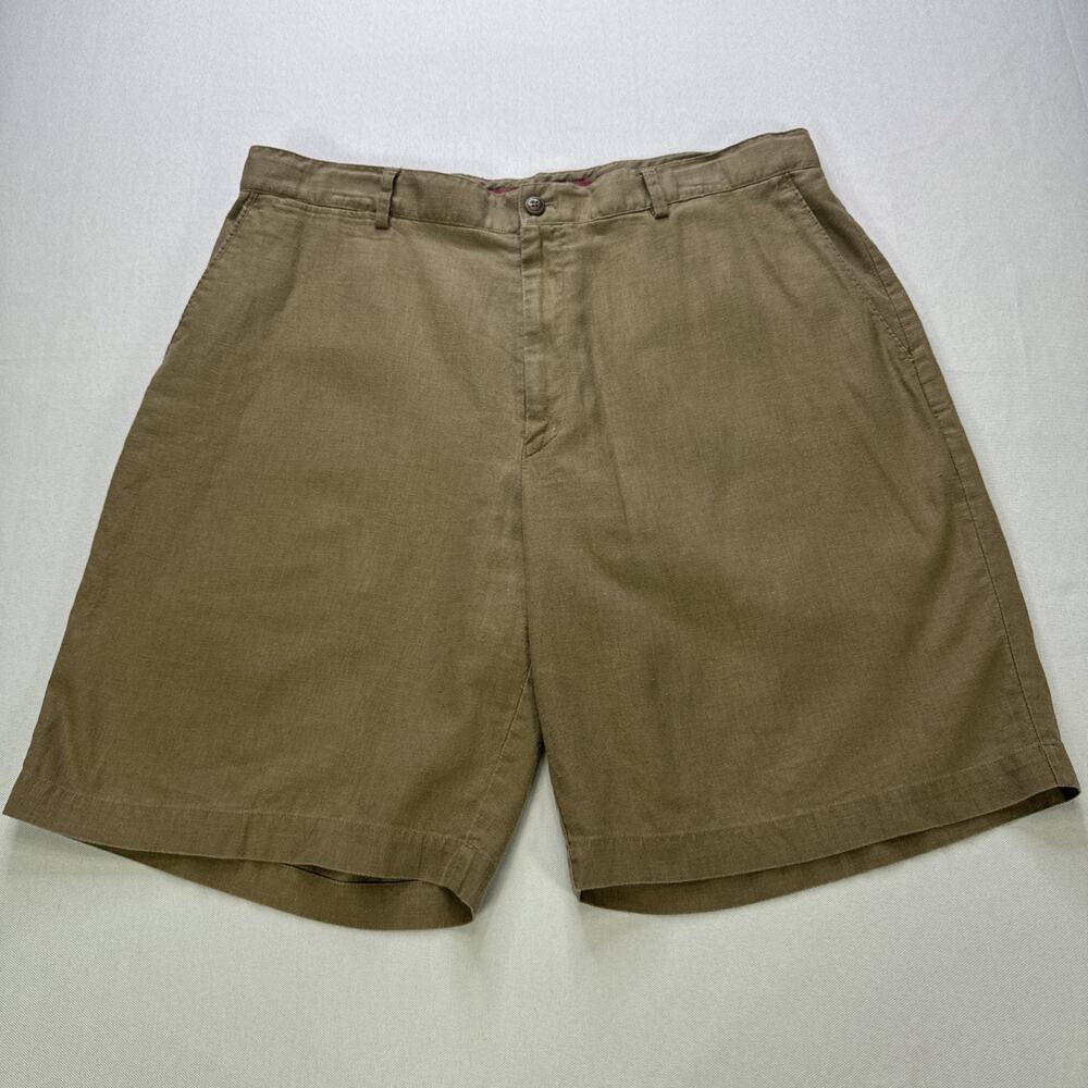Louis Raphael Men’s Linen Cotton Flat Front Chino Shorts Khaki Brown Size 36